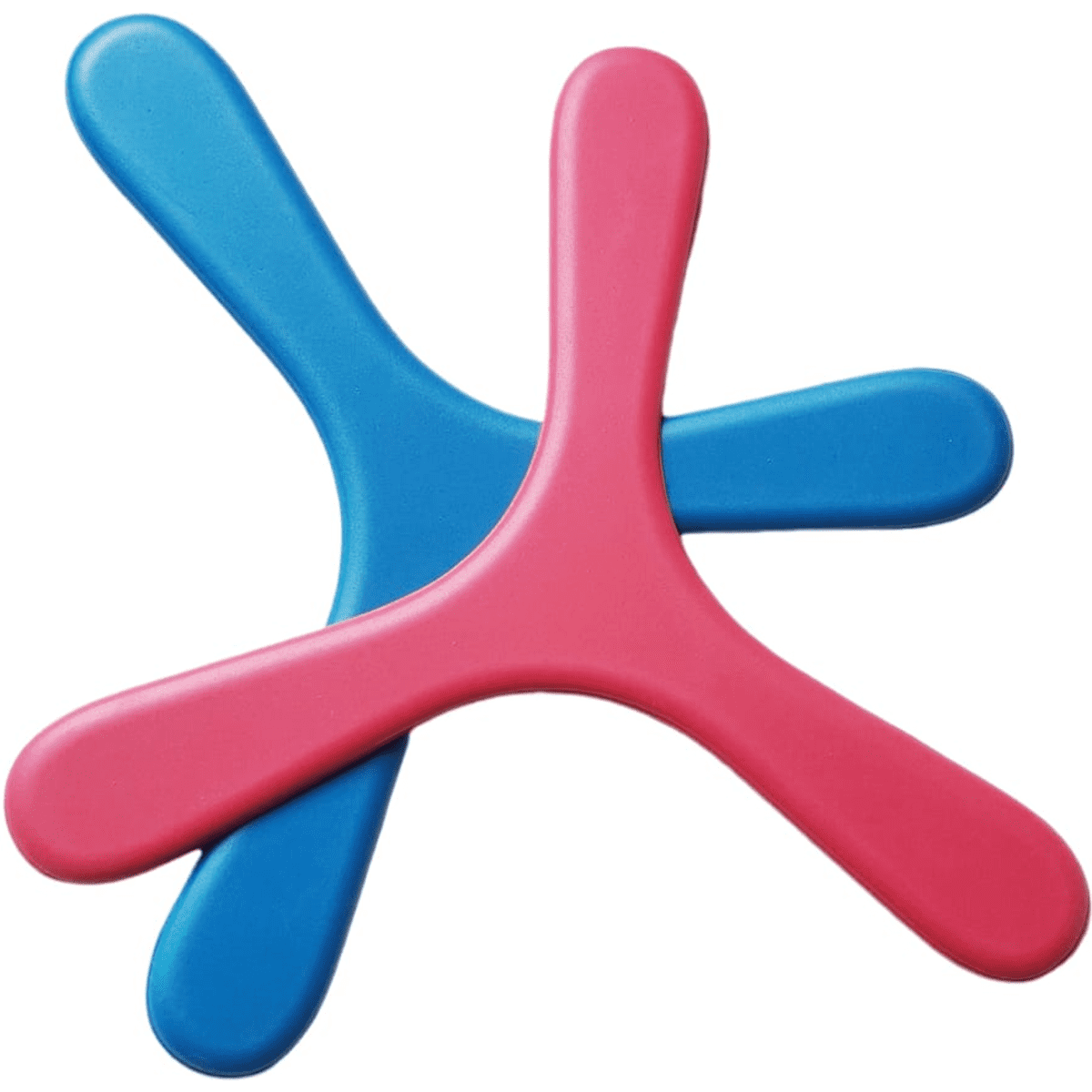 A blue and pink boomerang toy overlapping in a playful design, featuring a logo.