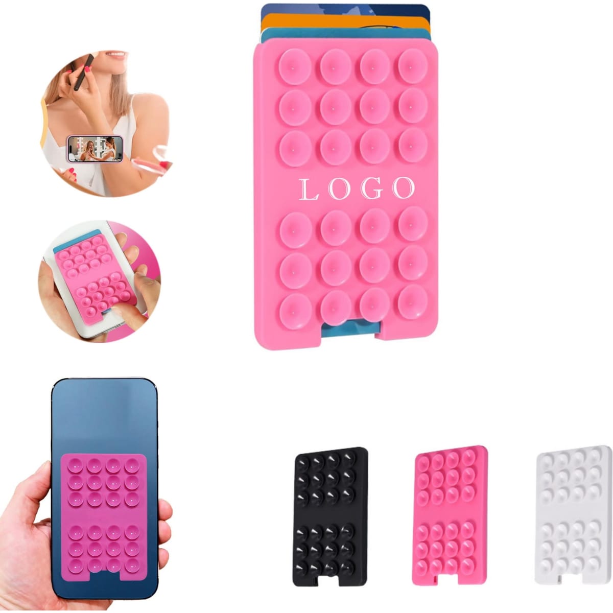 A pink suction phone card holder with multiple suction pads, available in black and white as well. Features a logo.
