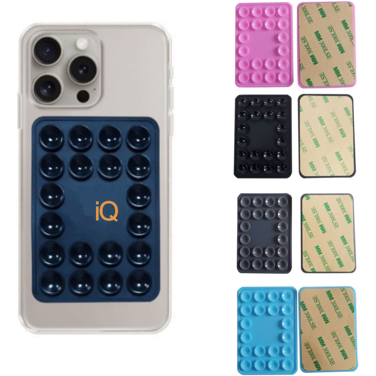 A suction cup phone holder in various colours, featuring a textured design and a logo on the dark blue version.