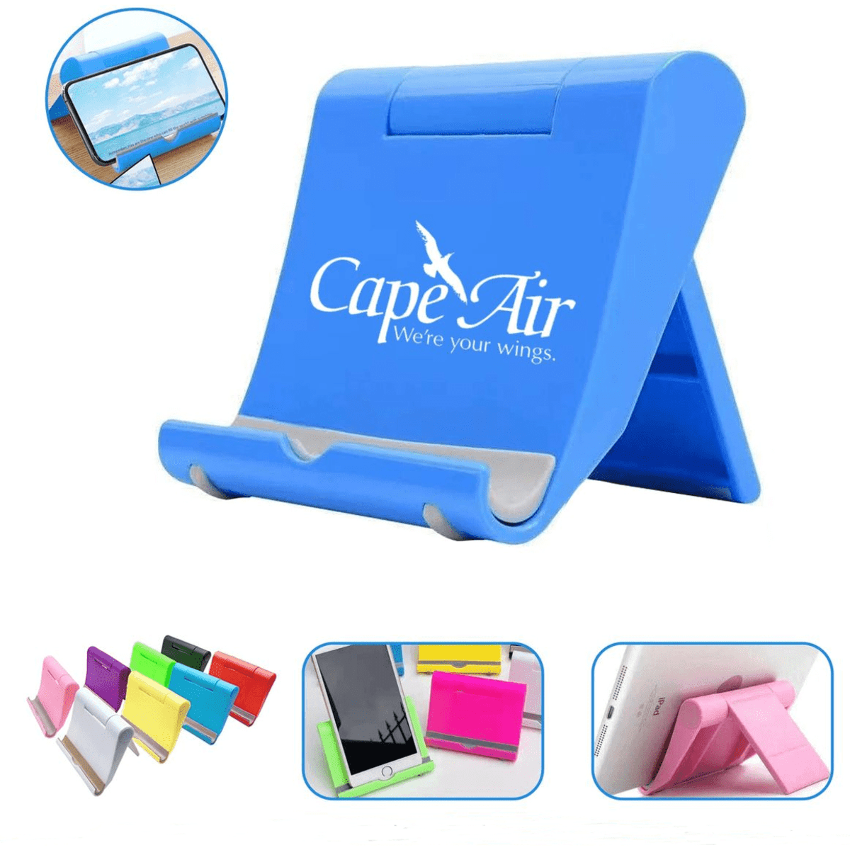 A blue cell phone stand with a grey base, featuring a logo. Surrounding it are various coloured stands in pink, yellow, and red.