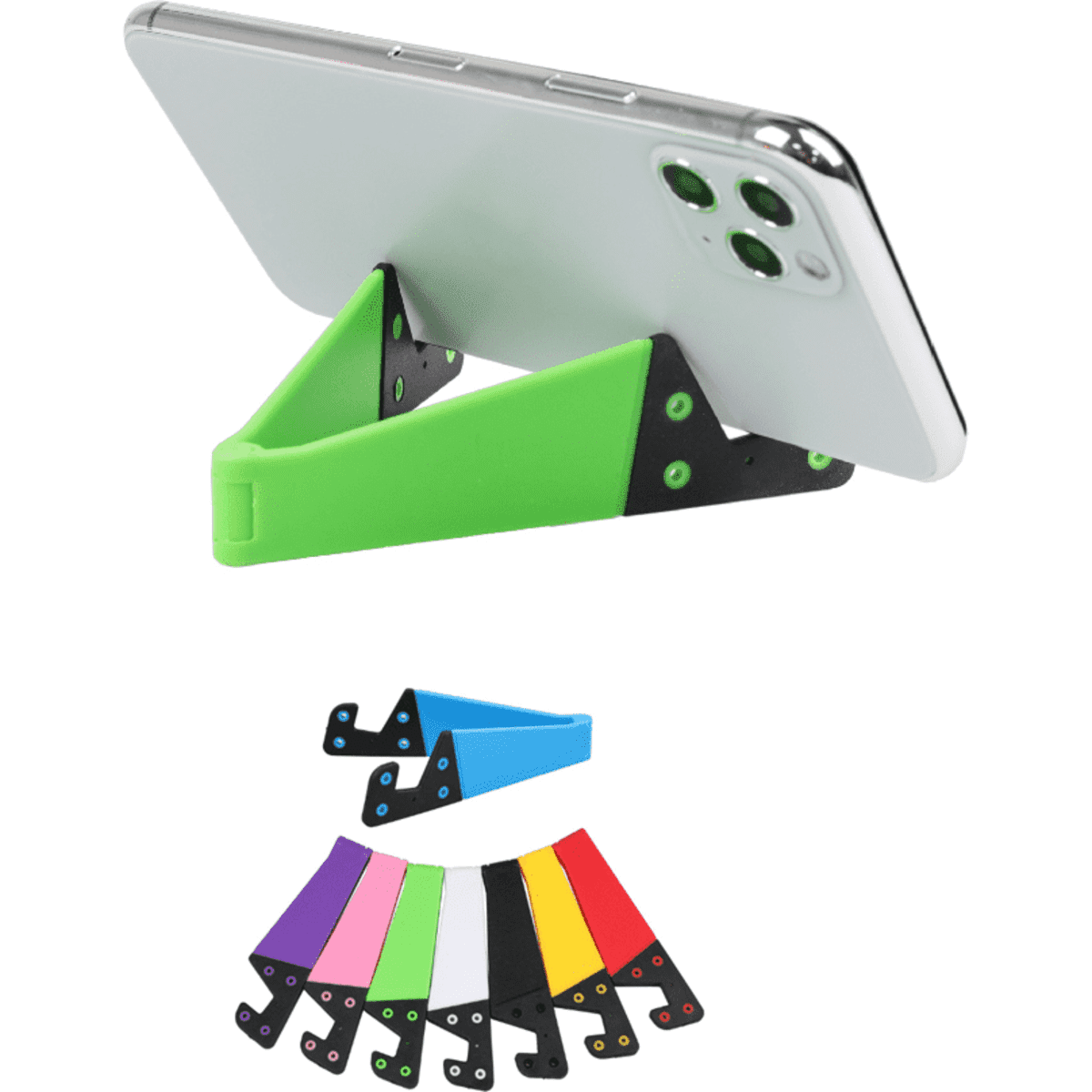 A foldable phone holder in green with black accents, alongside additional holders in various colours: blue, pink, white, and red.