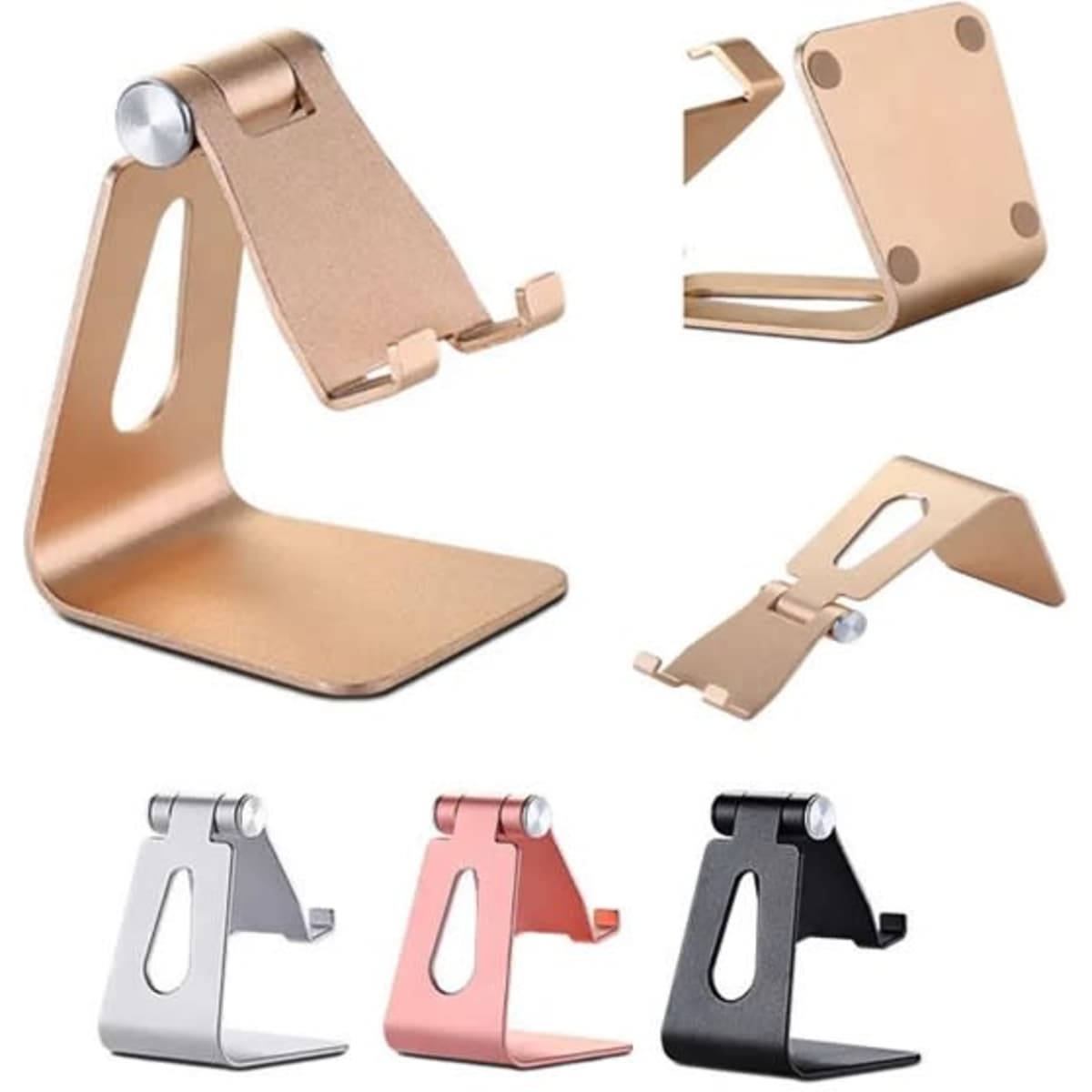 A foldable phone holder stand in gold, silver, rose gold, and black colours, featuring various angles and designs.