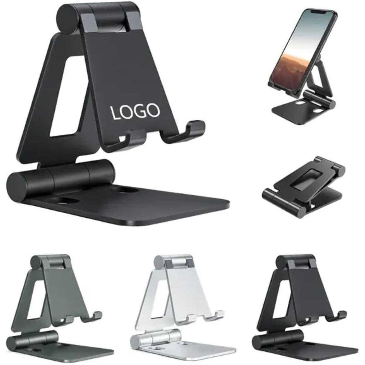 A black folding cell phone stand in various positions, featuring a logo, suitable for holding mobile devices.
