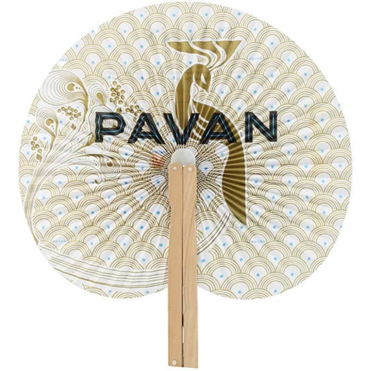 A folding fan with a decorative pattern in gold and cream, featuring a wooden handle and a logo.