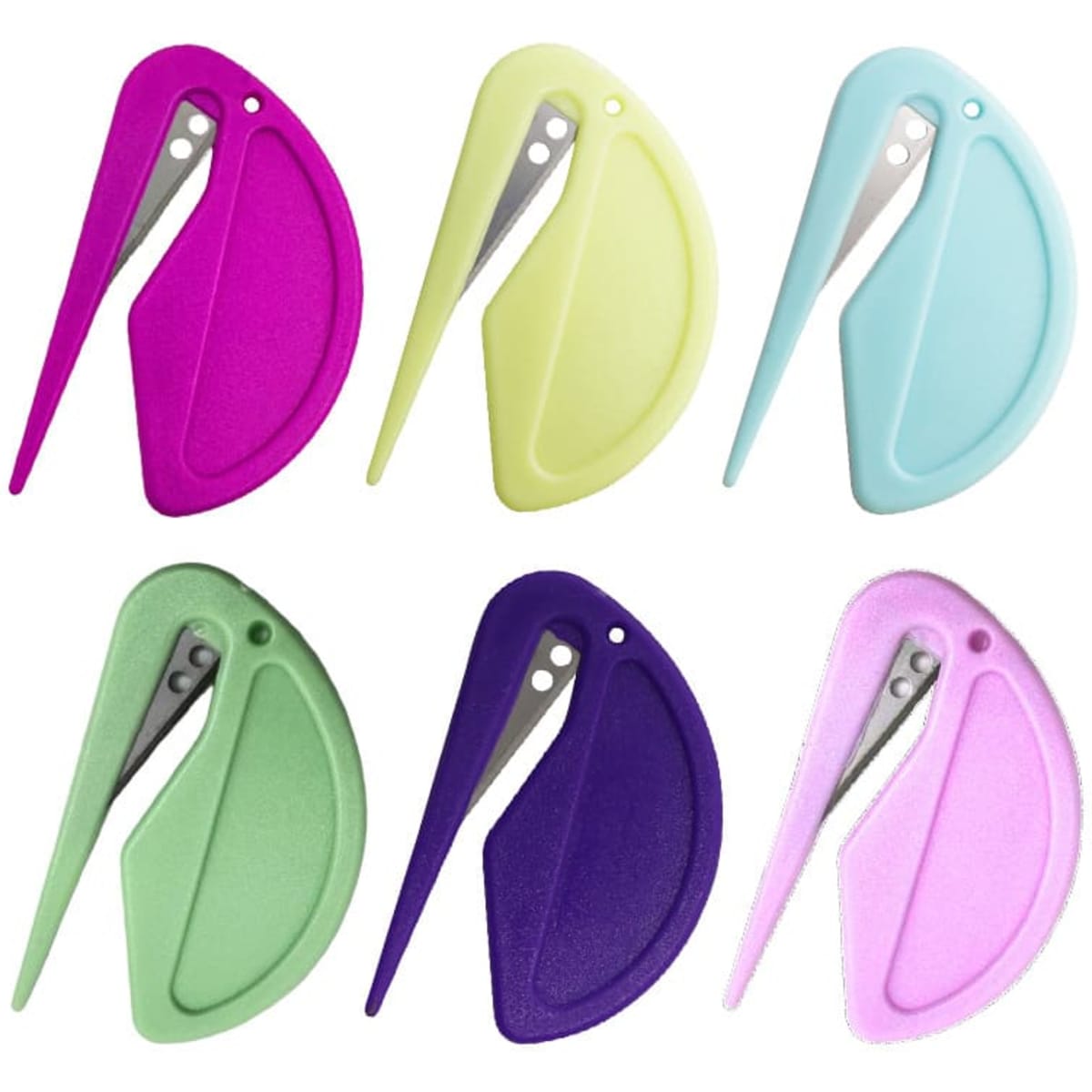 A set of six letter openers in various colours: purple, blue, yellow, green, dark violet, and pink. Each has a sleek design.