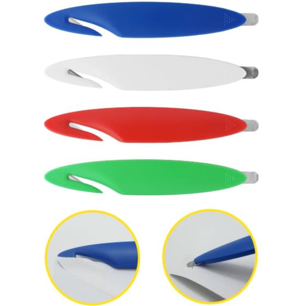 A letter opener and staple remover set featuring blue, white, red, and green colours, with a sleek design and branding.