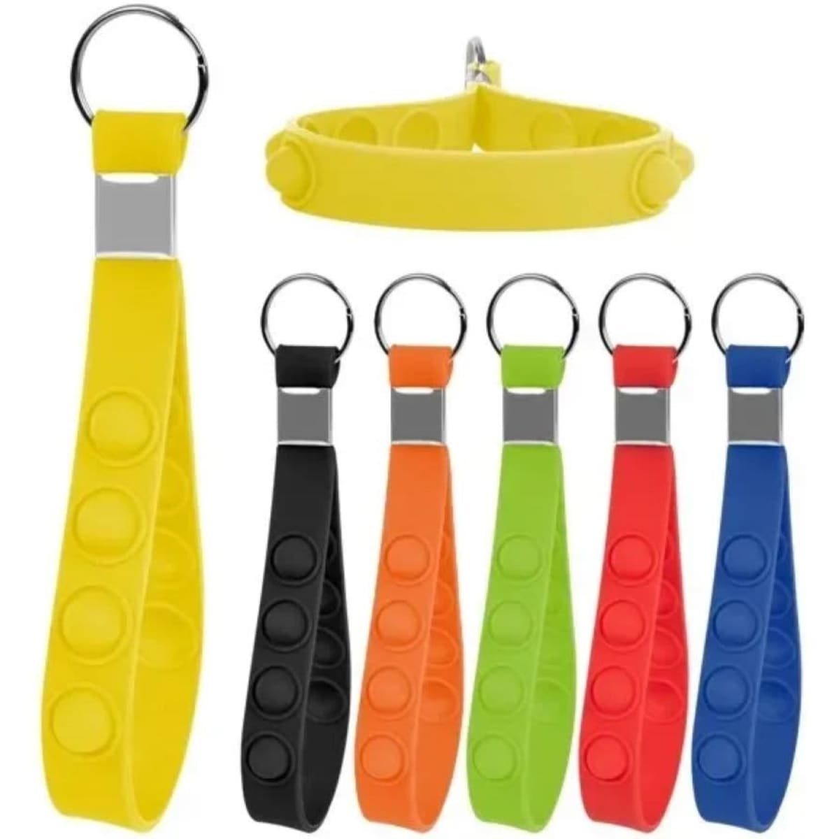 A collection of push pop stress reliever keychains in yellow, black, orange, green, red, and blue, with a silver keyring.