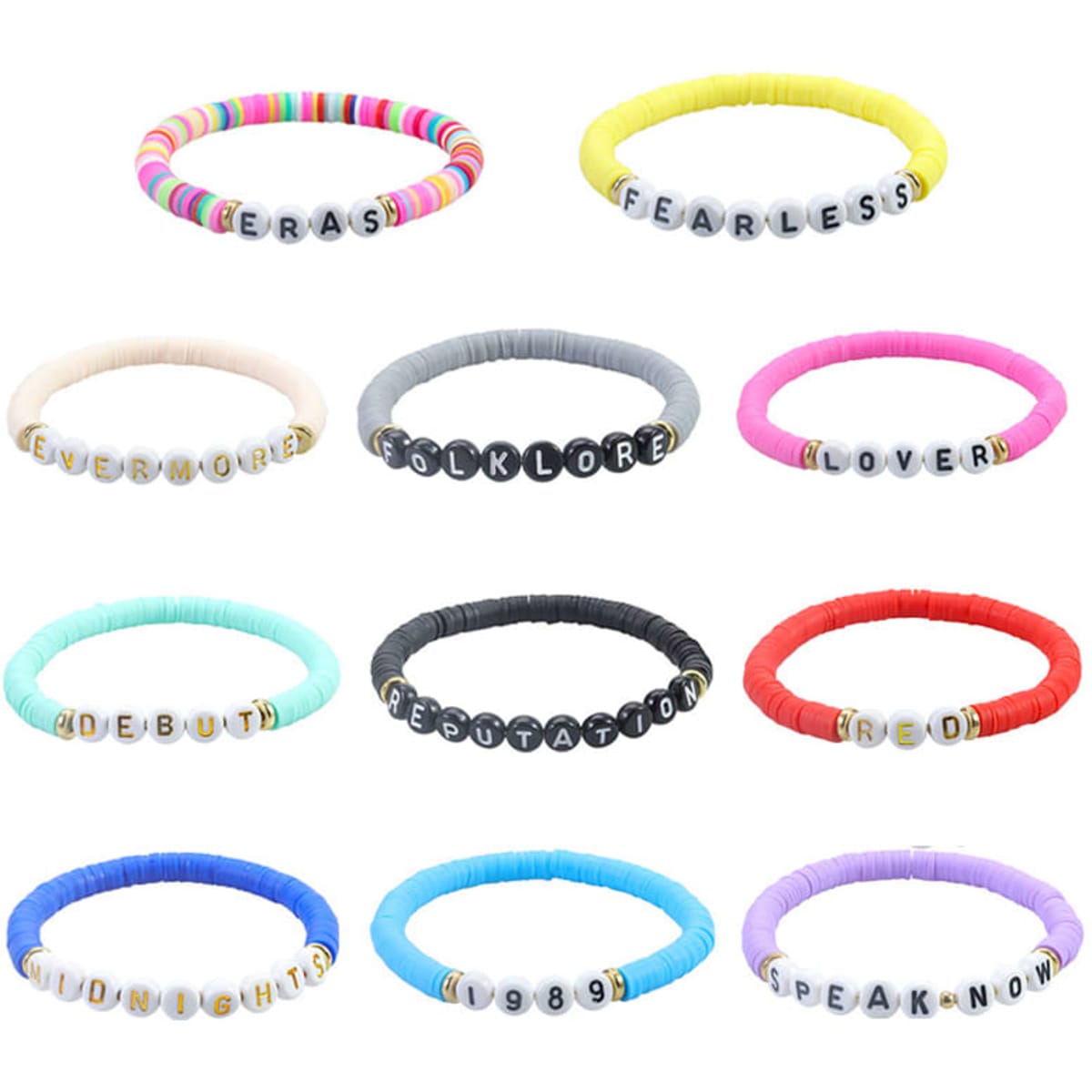 A collection of colourful friendship beaded bracelets featuring various lettered beads and vibrant rubber bands.
