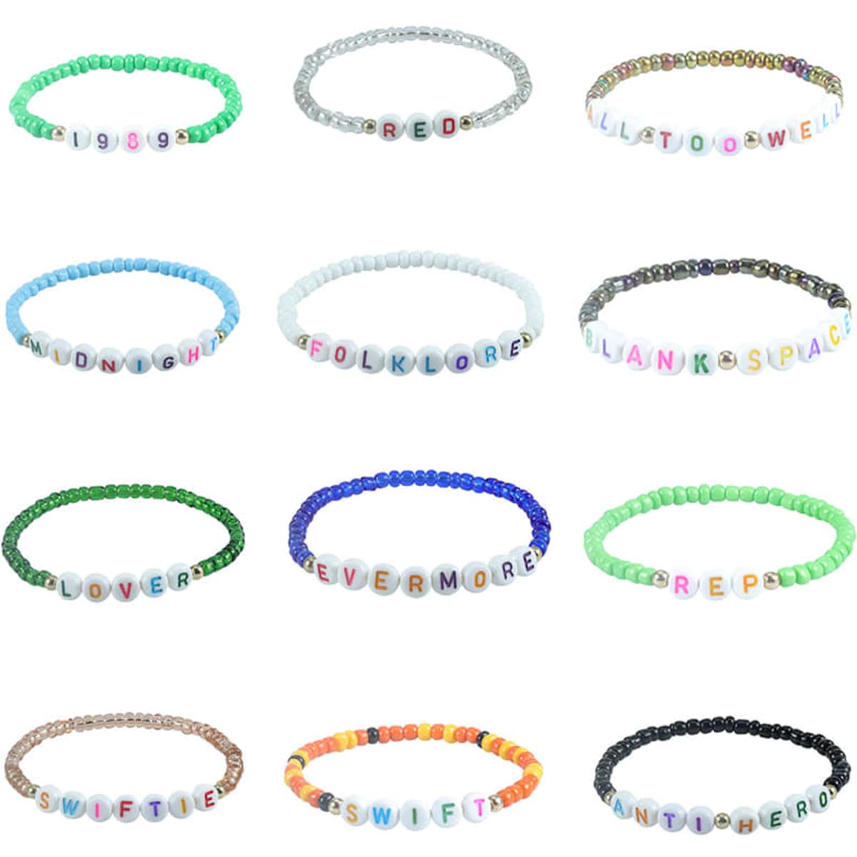 A collection of multicoloured beaded bracelets featuring various word charms, displayed in a grid layout.