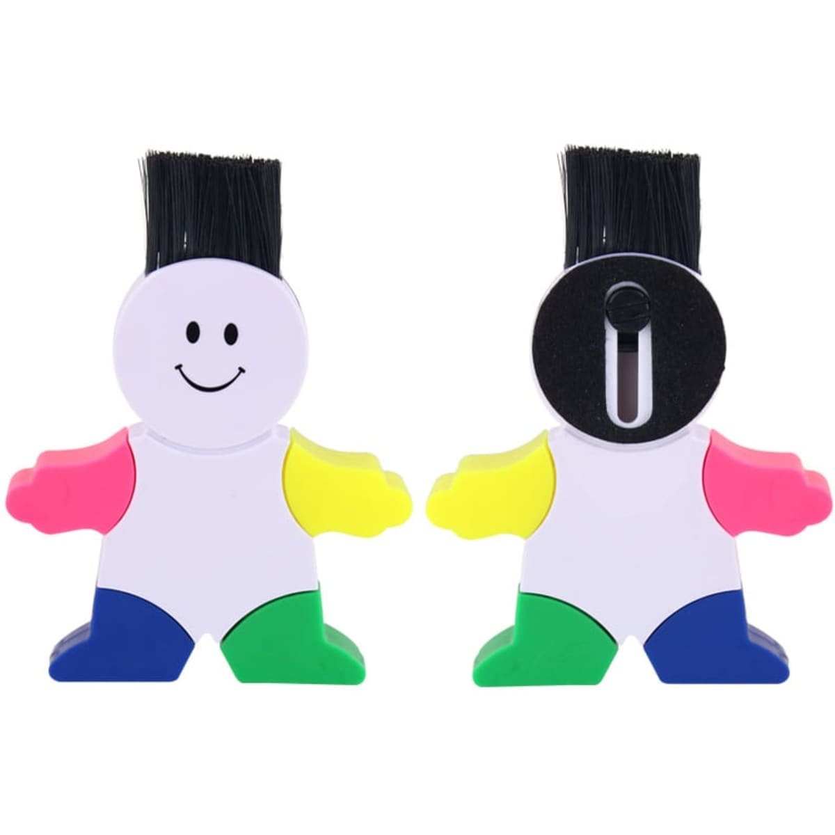 A person-shaped highlighter featuring vibrant pink, yellow, green, and blue colours, with a smiling face and black hair.