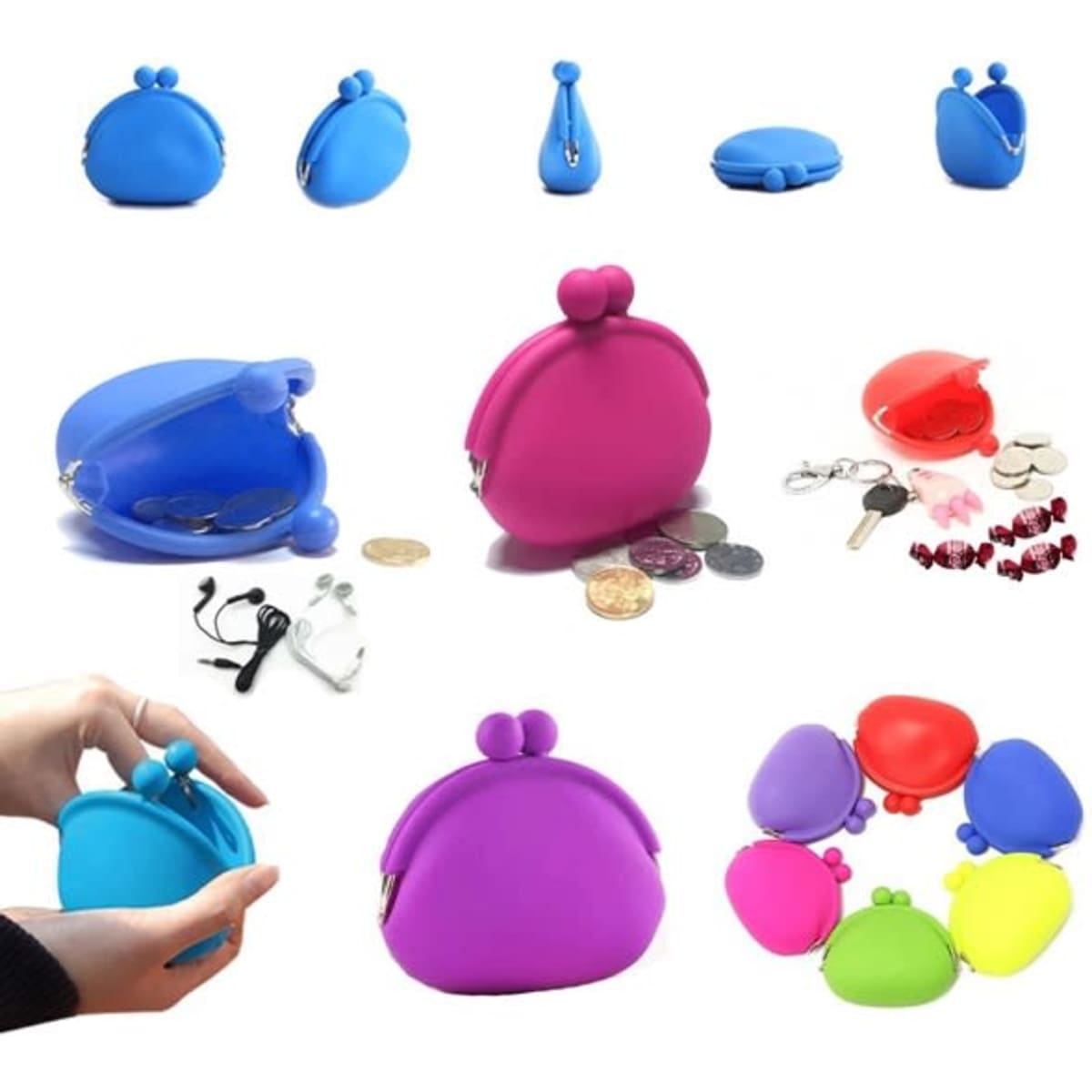 A collection of silicone coin purses in various colours, including blue, pink, purple, and red, featuring a clasp and rounded design.
