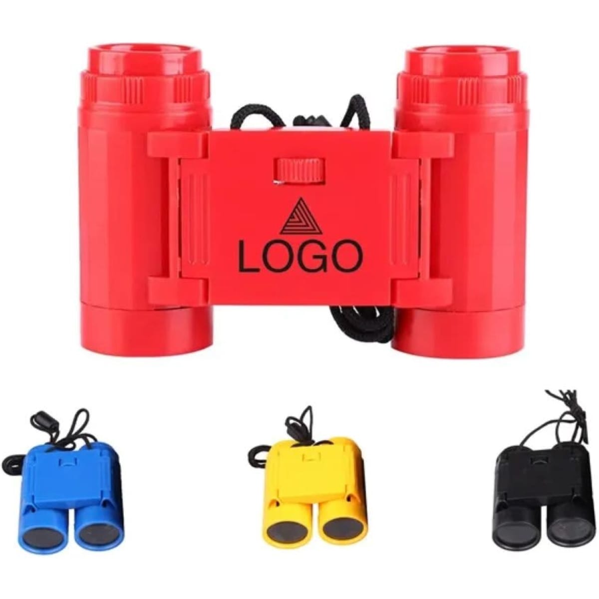 Red binoculars with a logo, accompanied by blue, yellow, and black versions. Each has a strap for easy carrying.