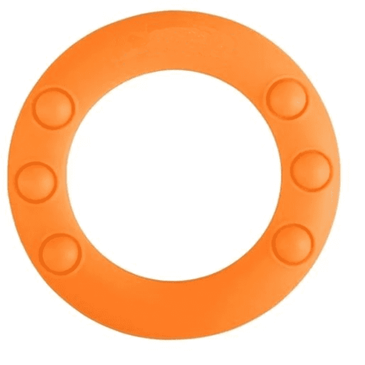 An orange flying disc with raised grips around the edge. It features a logo in the centre.