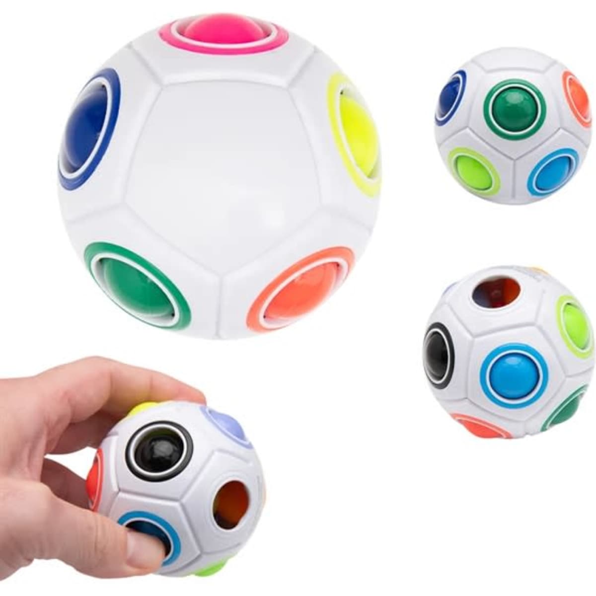 A white stress ball in the shape of a soccer ball, featuring colourful buttons in pink, green, blue, yellow, and orange.