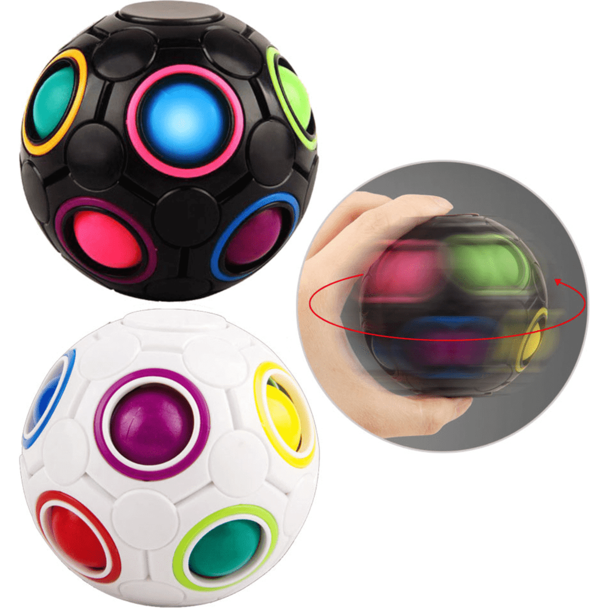 A black and white rotating fidget toy with colourful buttons in pink, blue, green, and purple. Features a logo.