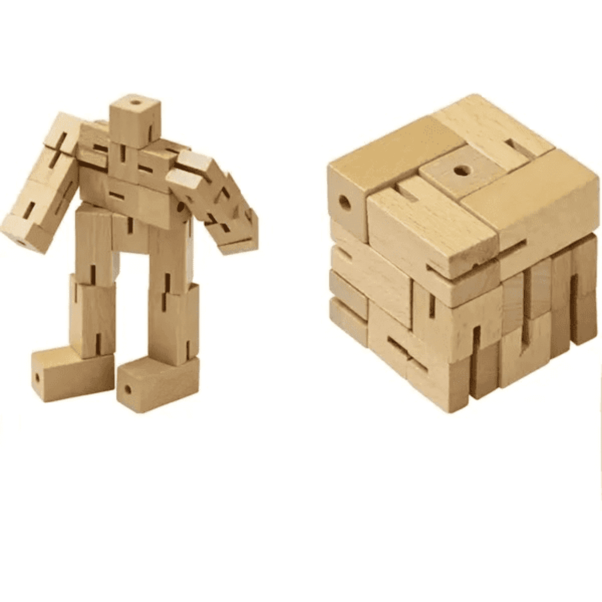 A 3D wood puzzle set featuring natural wooden blocks, including a figure and a cube, with an attached logo.