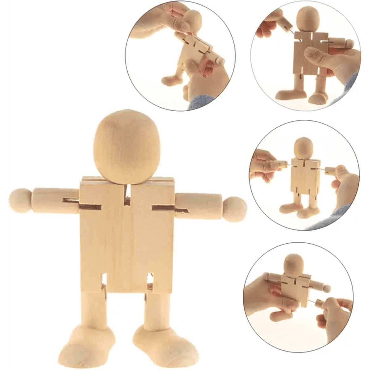 Wooden robot figures in natural wood colour, featuring movable joints and a simple design, handled in various poses.
