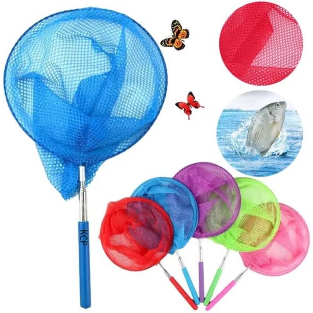 A collection of retractable net toys in blue, red, green, purple, and pink, with a metallic handle and mesh netting.