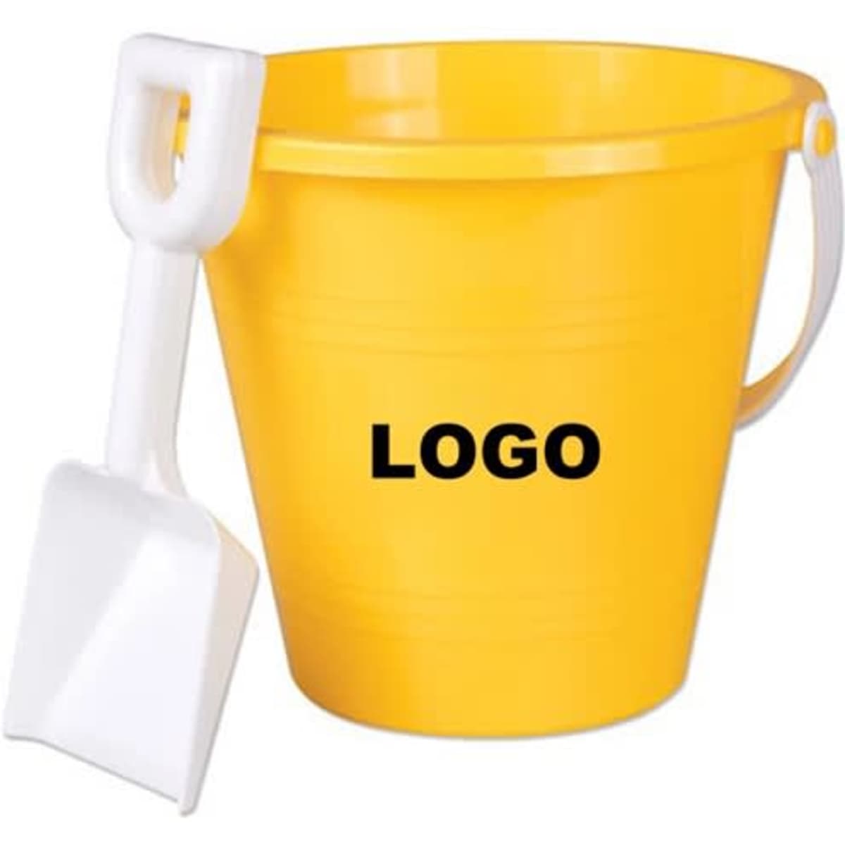 A yellow sand pail with a white shovel, featuring a logo on the bucket.