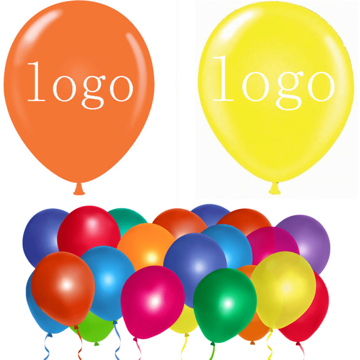 A collection of vibrant balloons in orange, yellow, purple, red, green, blue, and pink, featuring logos.