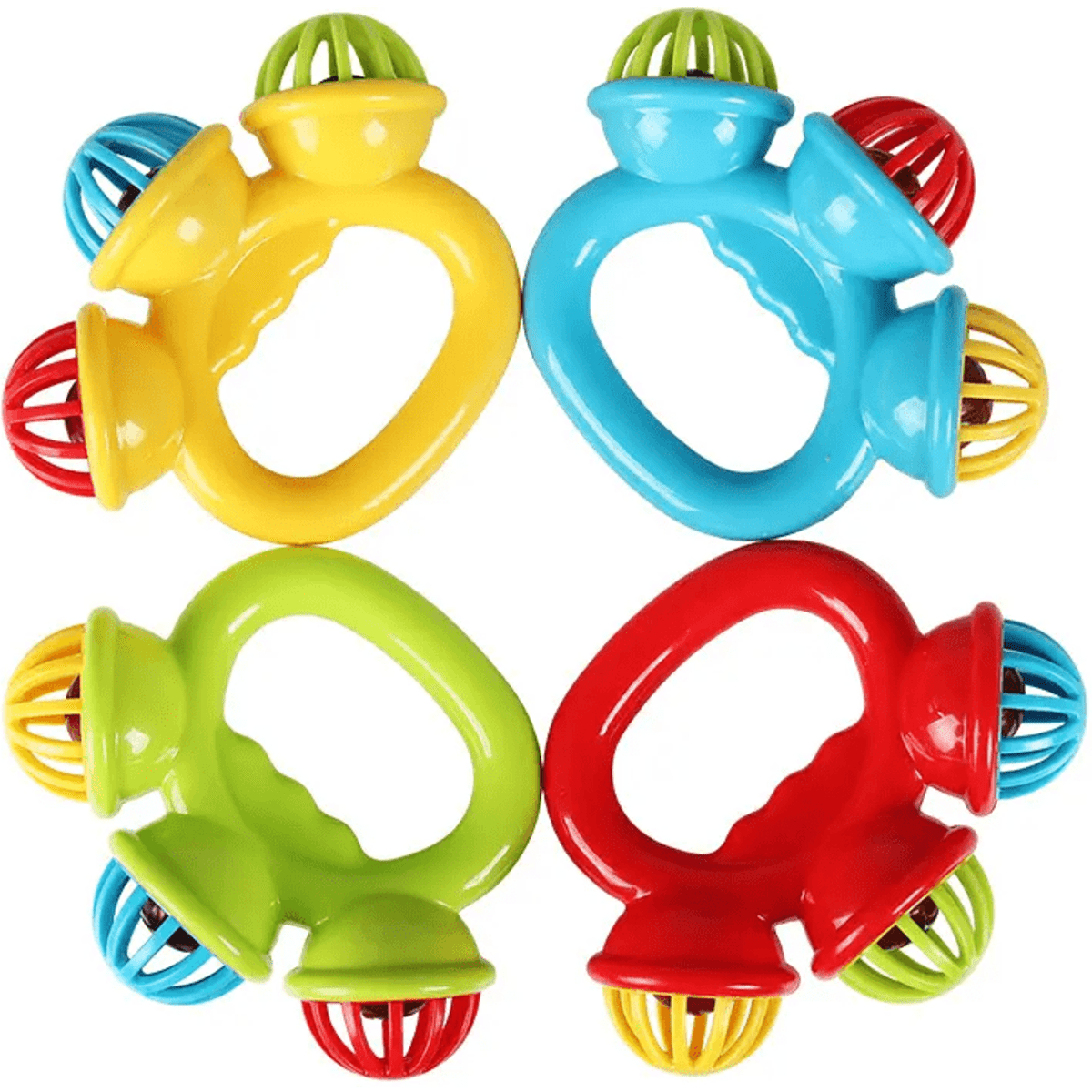 A set of colourful hand bells in yellow, blue, green, and red with a playful design and a logo.