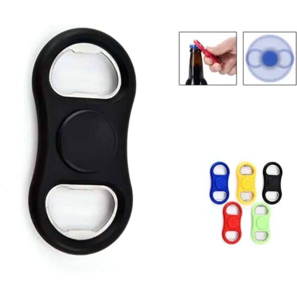 A drink bottle opener with a fidget spinner design in black, featuring a central spinner and two bottle opener ends.