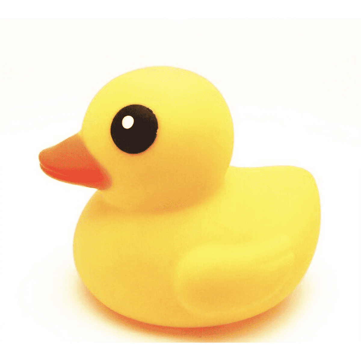 A yellow rubber duck with a rounded body and a beak, featuring a black eye, against a plain background.