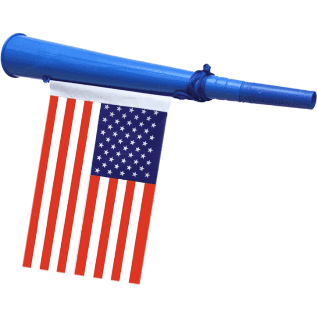 A blue stadium horn with an attached American flag featuring red stripes and white stars on a blue background.