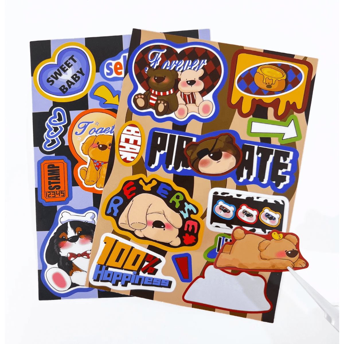 A sheet of colourful personality stickers featuring cute cartoon characters and playful phrases, with a variety of designs.