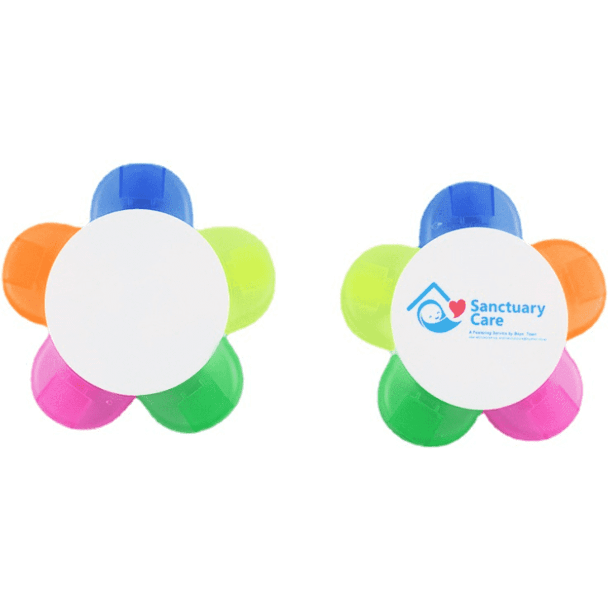 A flower-shaped highlighter pen featuring multiple vibrant colours: orange, green, blue, and pink, with a branding logo.