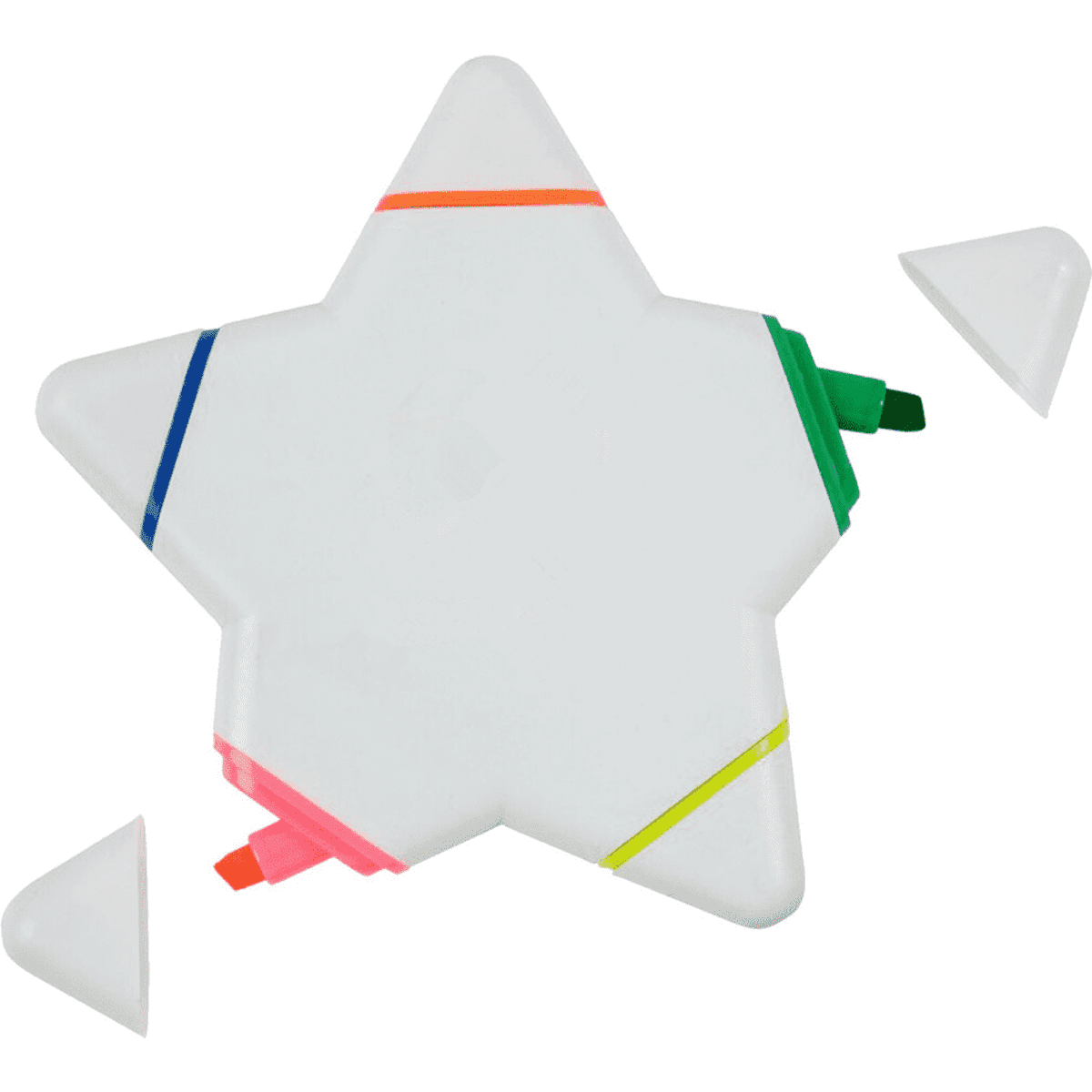 A star-shaped highlighter pen in white with pink, green, orange, and blue tips, featuring removable caps.