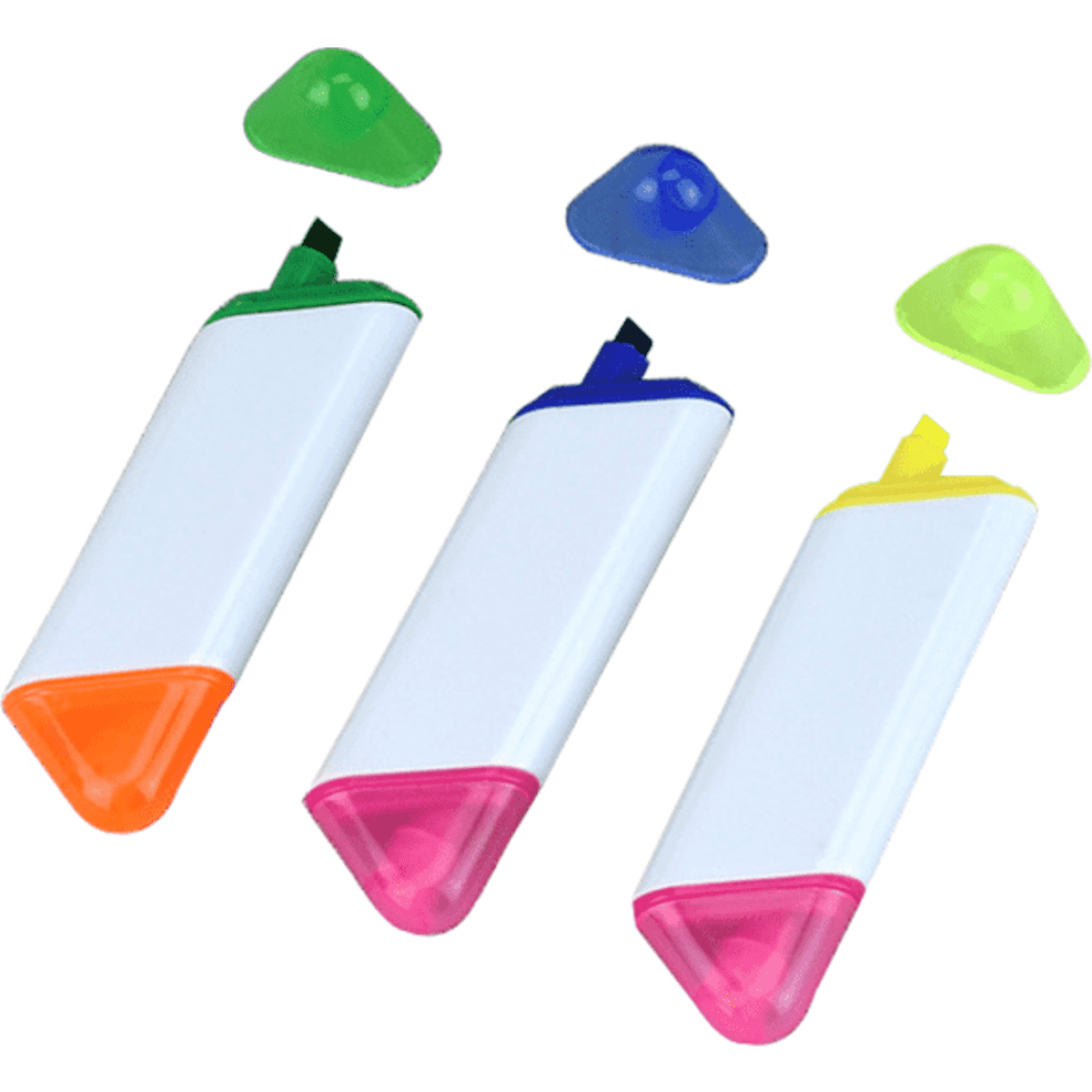 Three two-sided highlighters in orange, pink, yellow, and green, with caps in matching colours and a logo on the white body.