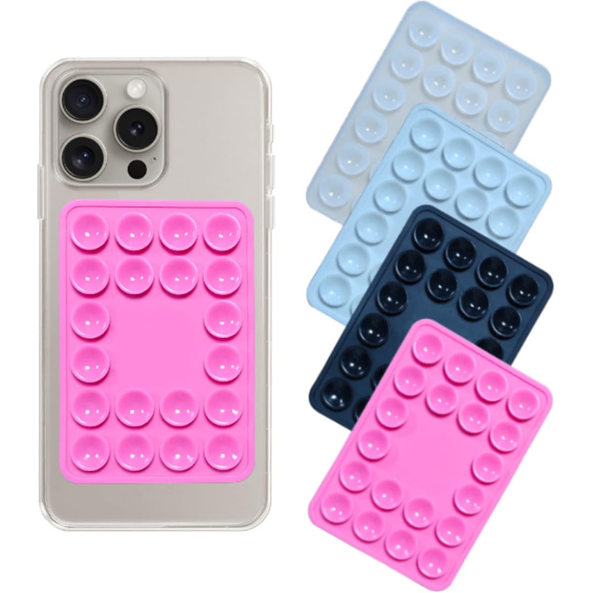 A pink silicone suction mobile phone holder with additional holders in light blue, dark blue, and clear plastic.