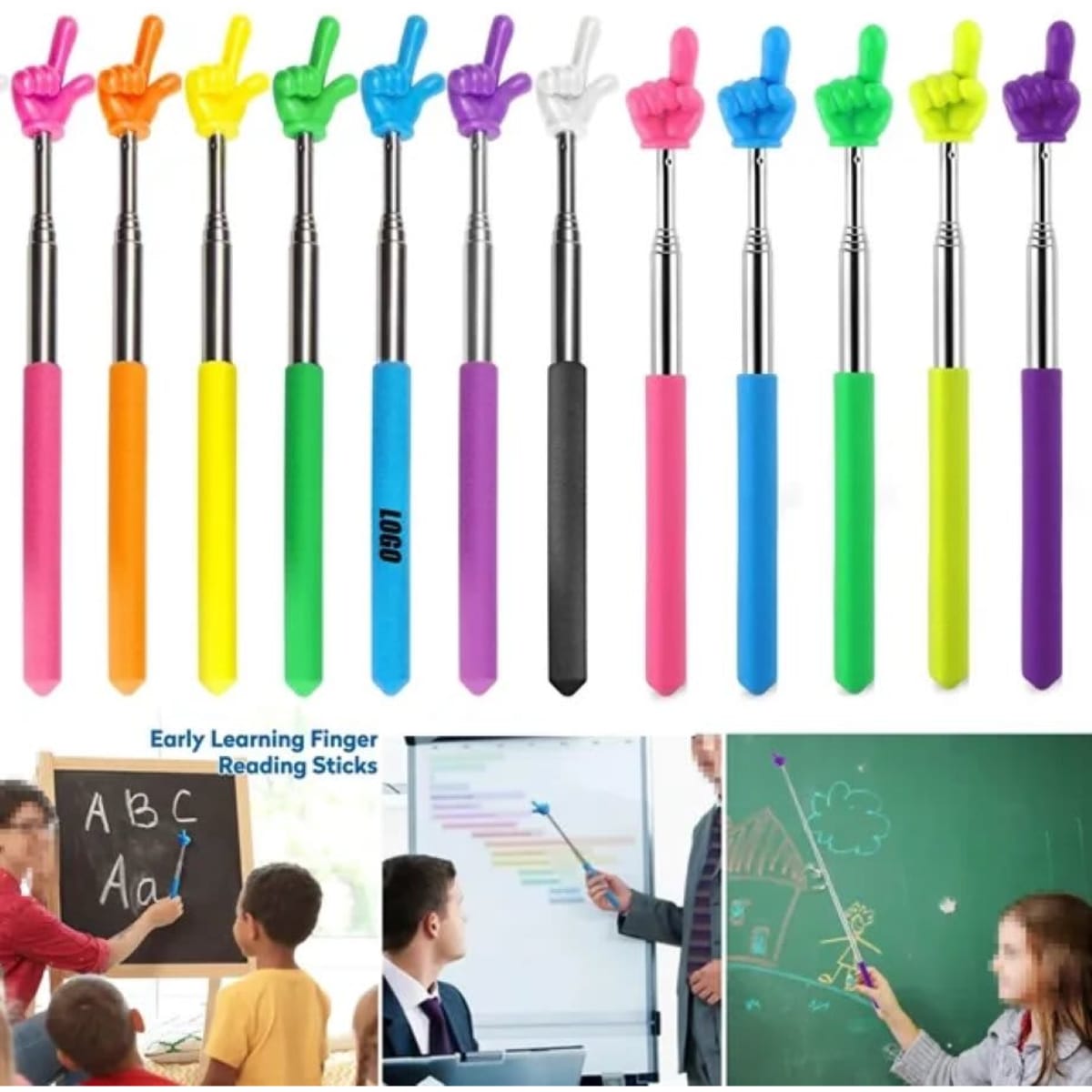 A set of colourful telescopic pointing sticks with various finger designs, featuring neon orange, pink, green, and blue colours.