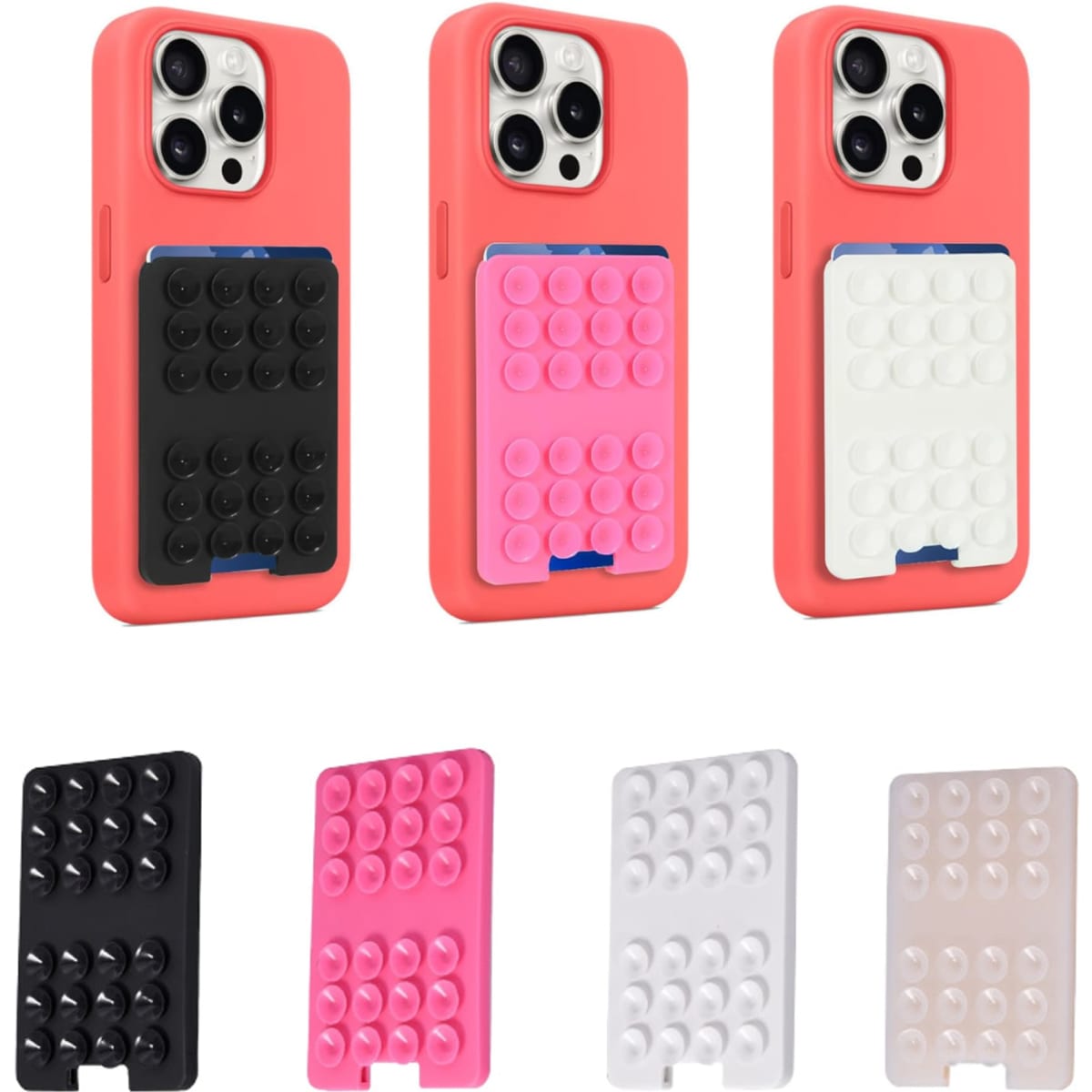 Silicone cell phone wallets in coral, black, pink, and white, featuring suction cups on the back for attachment.