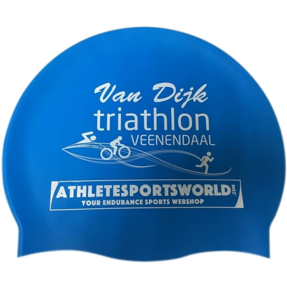 A blue silicone swimming hat featuring a logo and graphic design. Suitable for swimming and triathlon.