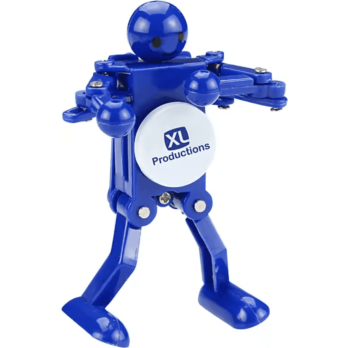 A blue dancing robot toy with articulated limbs and a circular logo on its chest.