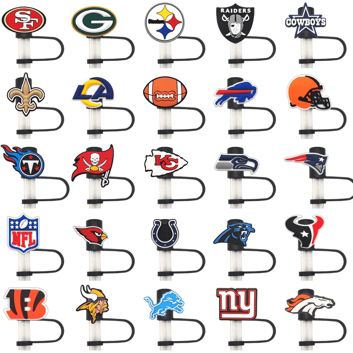 A drink bottle accessory featuring various team logos in multiple colours, each on a straw cover.
