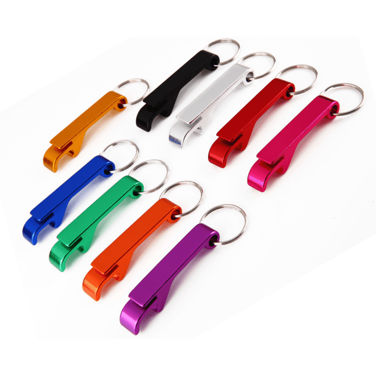 A drink bottle opener keychain collection featuring colours including black, white, red, green, blue, orange, purple, and pink.