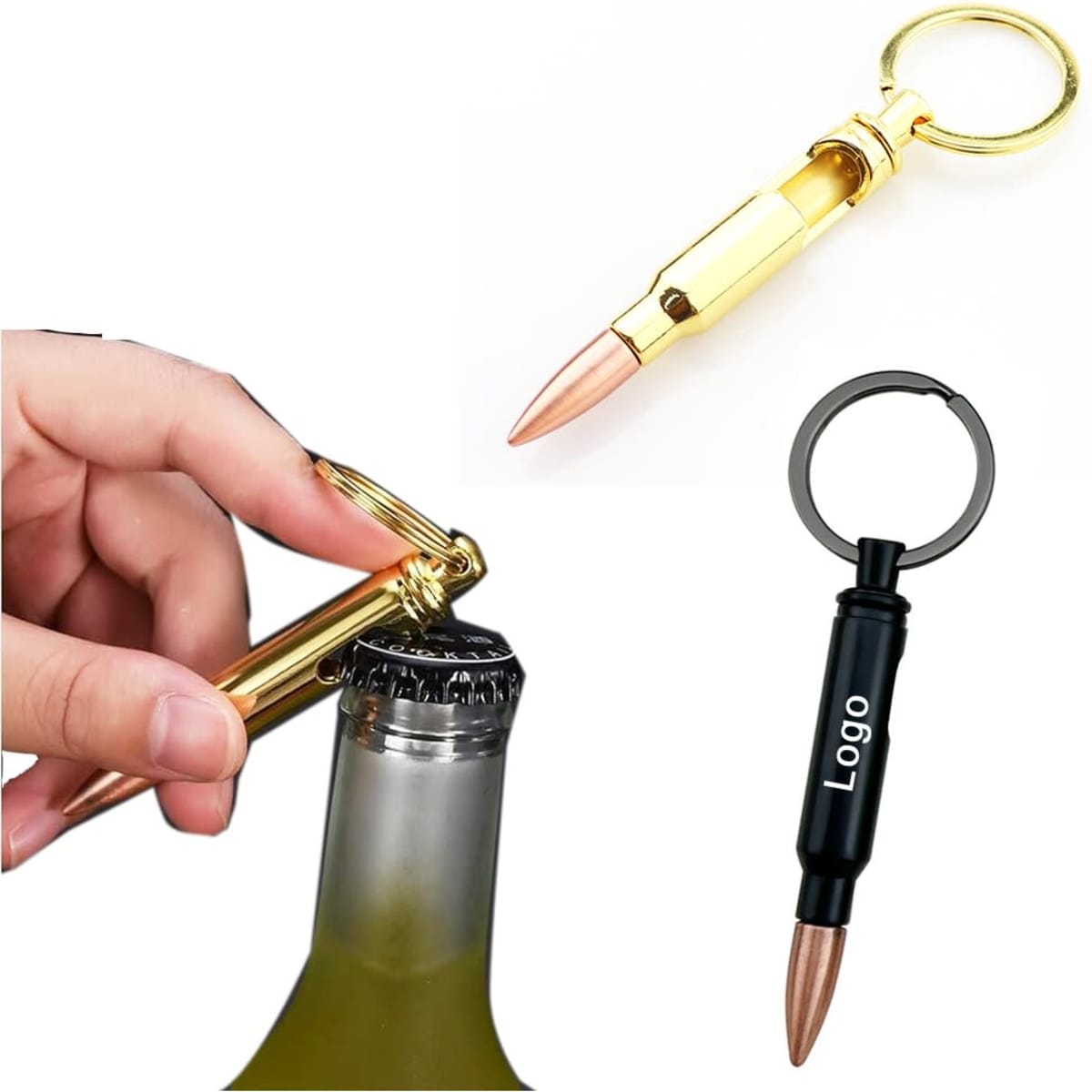 A drink bottle opener keychain in gold and black, shaped like a bullet, featuring a logo and a keyring attachment.