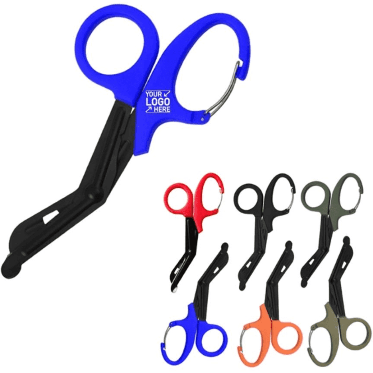 A blue medical scissor with a carabiner, displayed with versions in black, orange, green, and red. Includes a logo.