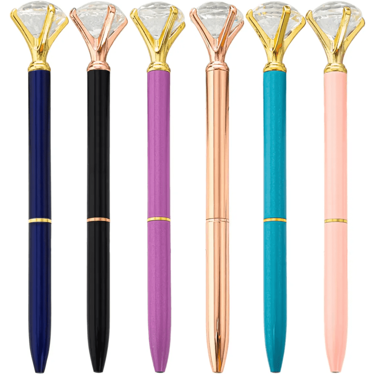 A collection of six ballpoint pens in black, purple, rose gold, teal, and pink, each with a diamond-shaped top and branding.