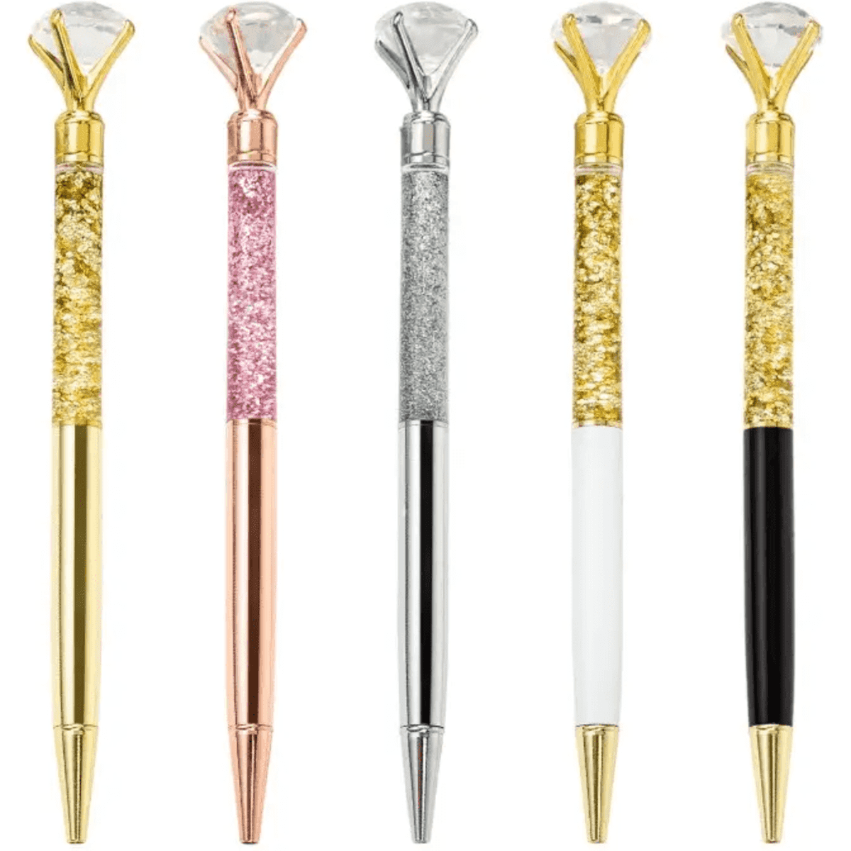 A set of five diamond ballpoint pens in gold, rose gold, silver, white, and black, each with a decorative diamond tip.