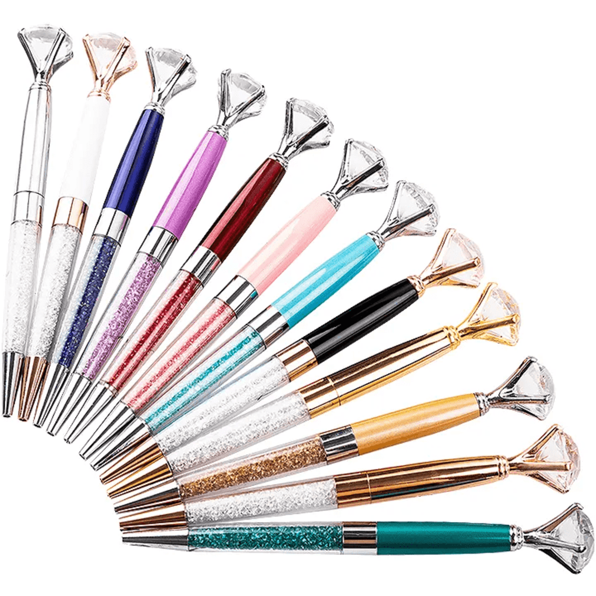 A collection of crystal bling ballpoint pens in various colours, featuring sparkling designs and diamond-shaped tops.