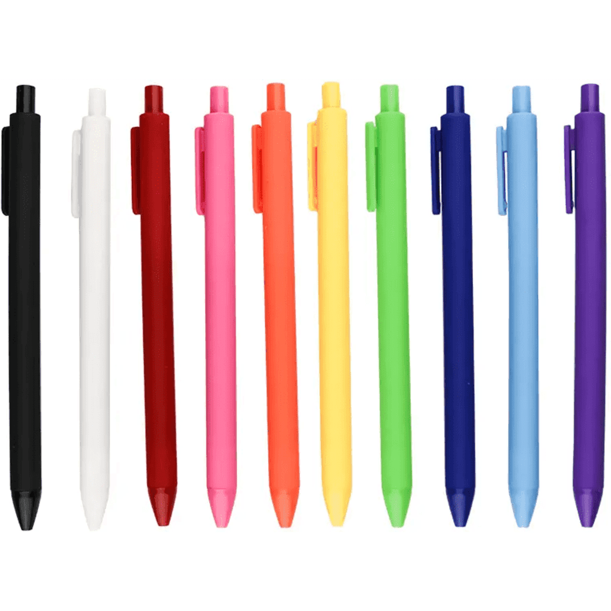 A collection of gel pens in black, white, red, pink, orange, yellow, green, blue, and purple, showcasing vibrant colours and a sleek design.