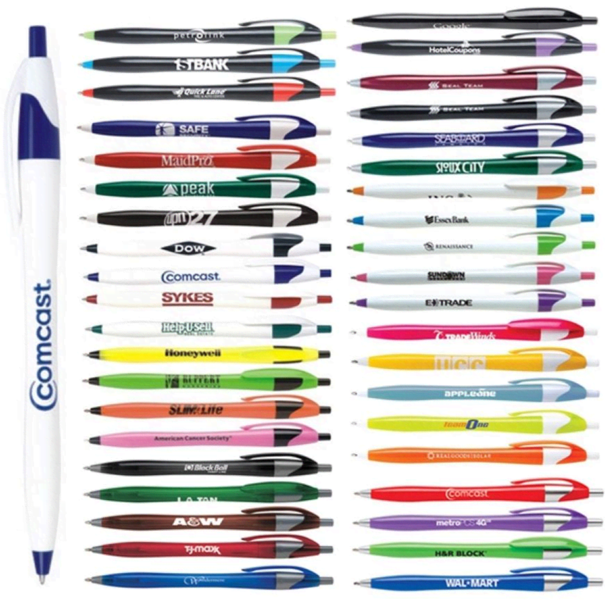 A display of various ballpoint pens in multiple colours, featuring a few with logos.