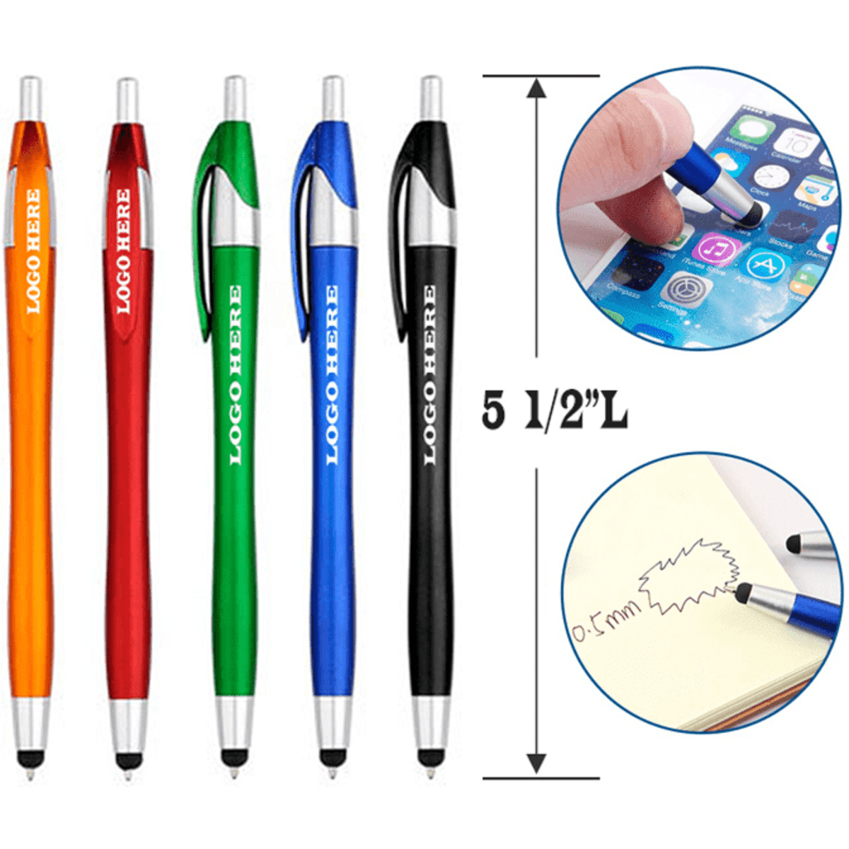 A collection of stylus pens in orange, green, blue, black, and red, featuring a logo and measuring 5.5 inches in length.