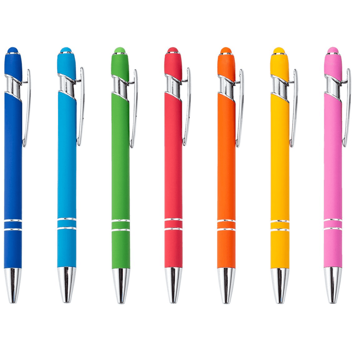 A collection of metal stylus pens in blue, green, turquoise, orange, yellow, and pink with shiny silver accents.