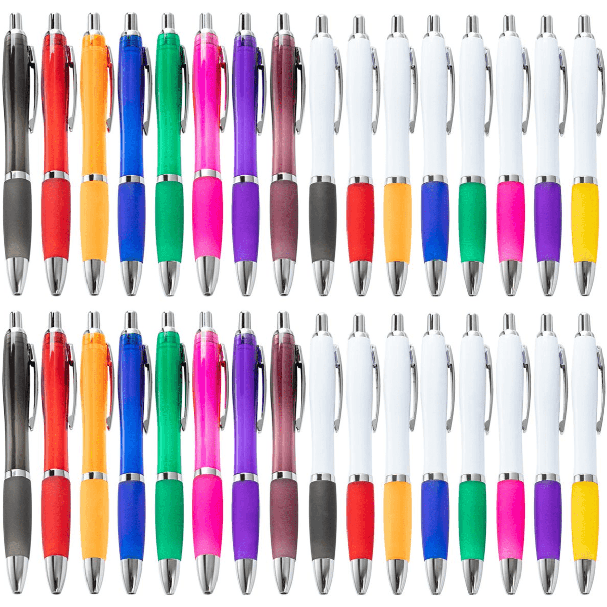 A collection of assorted ballpoint pens in various colours, featuring plastic bodies and silver accents.