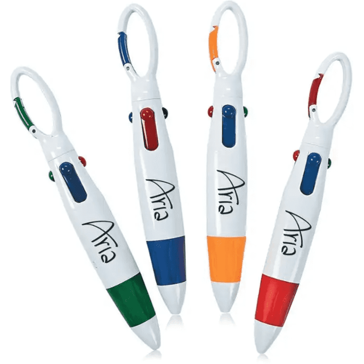 Multi-colour ballpoint pens with a carabiner, featuring green, red, blue, and orange accents. Includes branding.